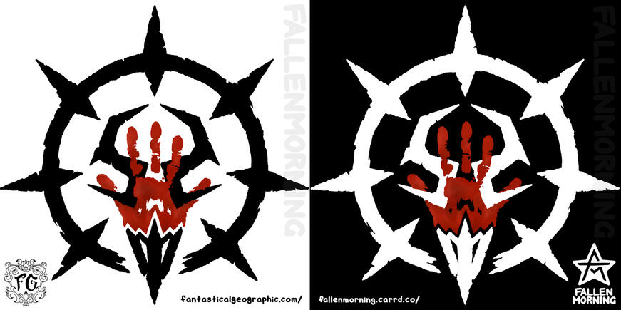 ALT: “Symbol of ‘The Stalkers of the Skull’. A rough broken ring with 7 spikes, like a trap or cross-hairs. At the centre is a bird-like skull, made from an ‘S’ and a backwards ‘S’ shape, and a bloody red hand.”