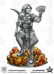 alt: "Liora's Gift. statue of a short woman standing with one leg raised on rough cut fire agate stones, holding a pickaxe in one hand, and a bowl held up in the other hand. dressed in fine clothes and jewellery, pieces of fire agate are inlaid throughout
